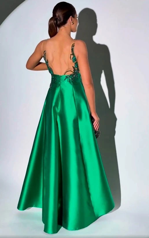 Vestido de fiesta Weitese glamoroso de satén verde oscuro, sin mangas, con tirantes finos y apliques de cuentas.